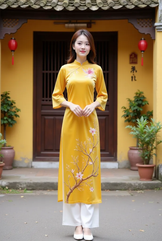 This image depicts a woman wearing a traditional Vietnamese ao dai. The ao dai is bright yellow with delicate floral and branch motifs, paired with white pants. She stands in front of a traditional house with a yellow background, an old tiled roof, and sur...