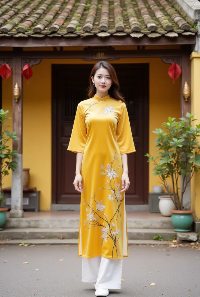 This image depicts a woman wearing a traditional Vietnamese ao dai. The ao dai is bright yellow with delicate floral and branch motifs, paired with white pants. She stands in front of a traditional house with a yellow background, an old tiled roof, and sur...