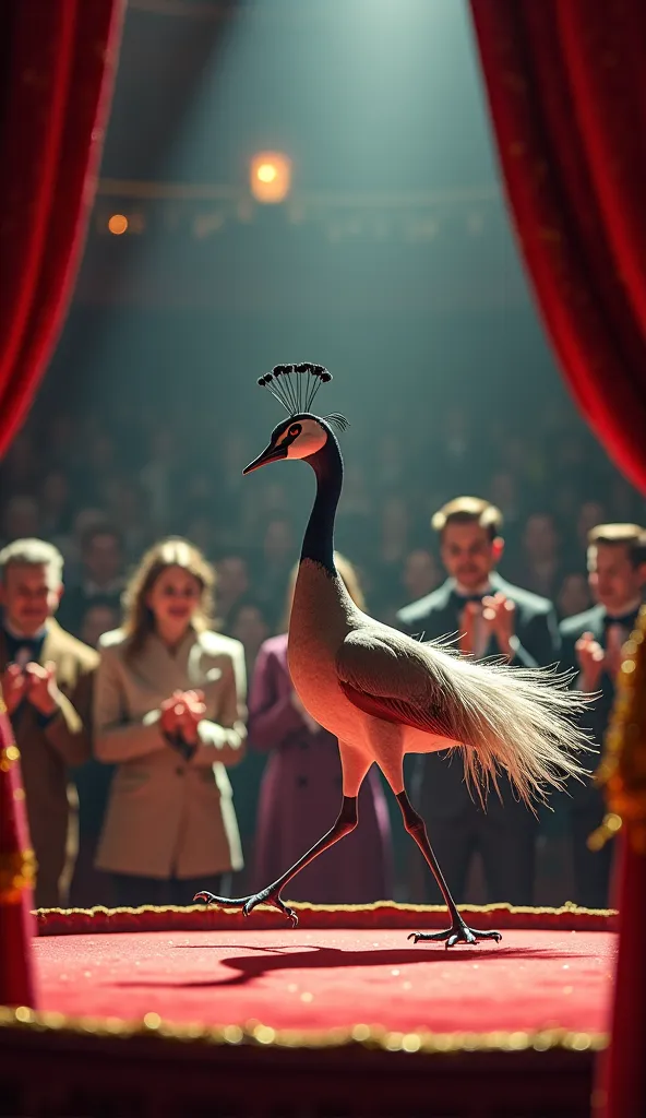 A nice and bird is walking on a stage like a model and audience give clap.