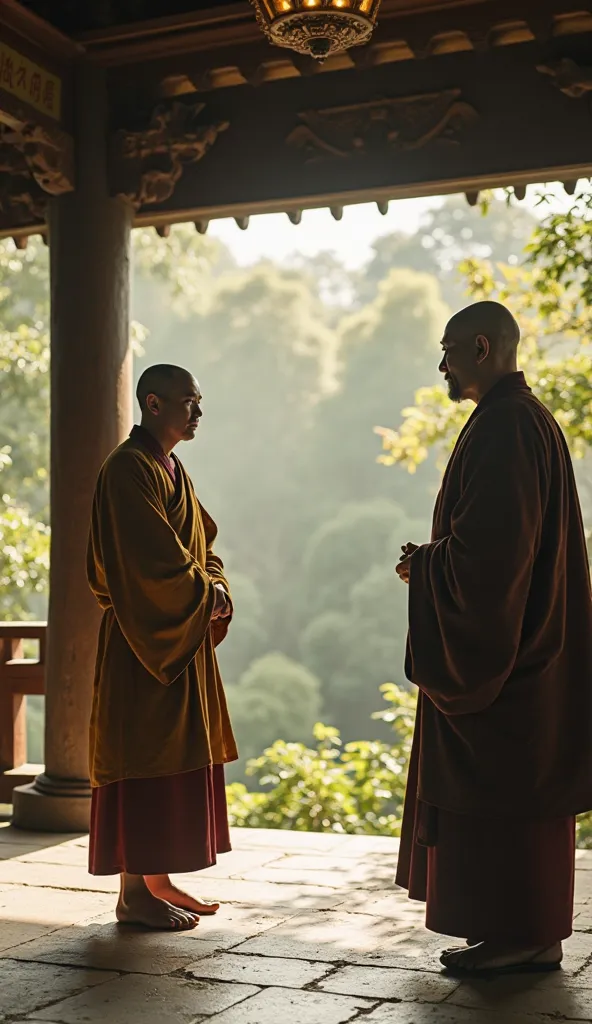  Realictic cinematic style  


A serene Buddhist temple in a peaceful landscape, with a monk in traditional robes standing before a wise master. The monk's expression is curious, asking a profound question. The background is tranquil, with soft sunlight fi...