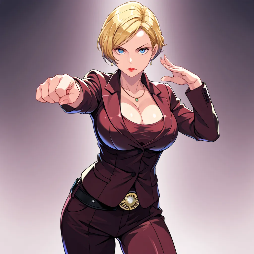 ((​masterpiece))、(( top quality))、T-XSDXL,Alone, 1girl ,short hair,blue eyes,blonde hair,cleavage,jewelry,jacket,pants,necklace,lips,formal,suit,lipstick,large breasts,henshin pose,Rider Belt