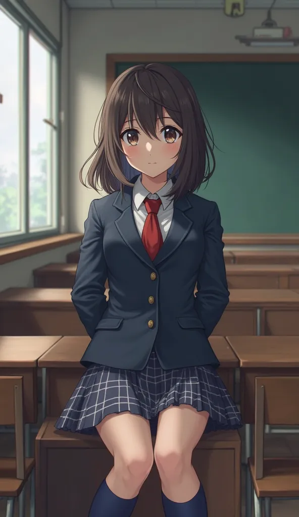 (masterpiece, top quality:1.3), (16k, high resolution:1.3),realistic images、 realistic image of the eye area 、Japanese high school girl、medium hair、dark blue jacket、red tie、check skirt、navy blue socks、Classroom Background、lonely expression