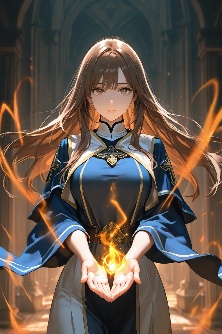 beautiful sexy girl, long straight brown hair, casting a magic, magical aura in hands, attractive, top quality, masterpiece, cinematic shot, dark ambience, dynamic pose, mysterious, cleric outfit, showing less clothes, looking at viewer