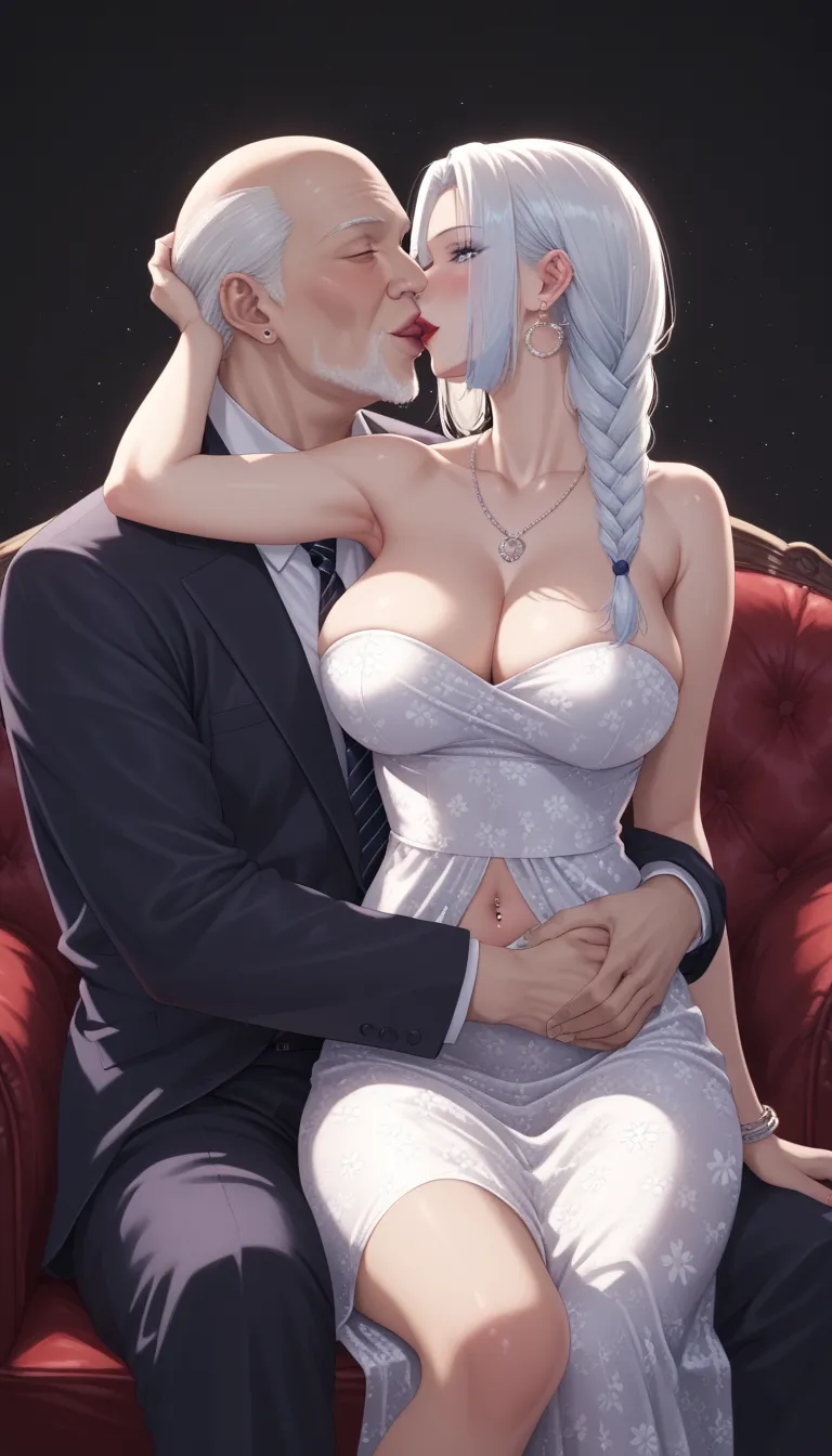 Hot beautiful mei mei sitting on lap of fat bald ugly bald old man hugging  on chair ,red lipstick,long big crescent Earrings,  , white hair , detailed, blue eyes , hair 
, big rounded breasts , Cleavage ,sexy expression   ,ear piercing, hair , navel pierc...