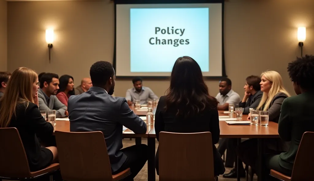 A neighborhood community meeting inside a well-lit hall. The Black couple sits at a table, confidently speaking, while HOA members, including the blonde woman, look uncomfortable. A large screen in the background displays the words ‘Policy Changes’ as the ...