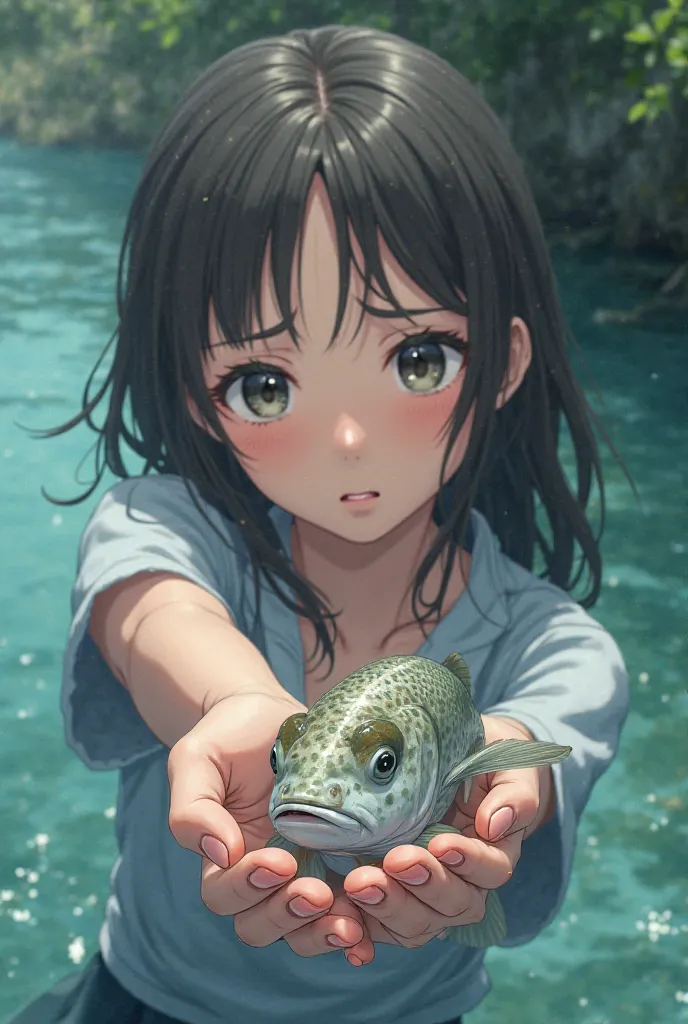 A close-up of a young woman's hand holding a fish, with the river in the background. The fish is struggling to get free, and the woman is trying to hold it back. The woman's face is full of concern and sadness.Anime style, beautiful and beautiful white fis...