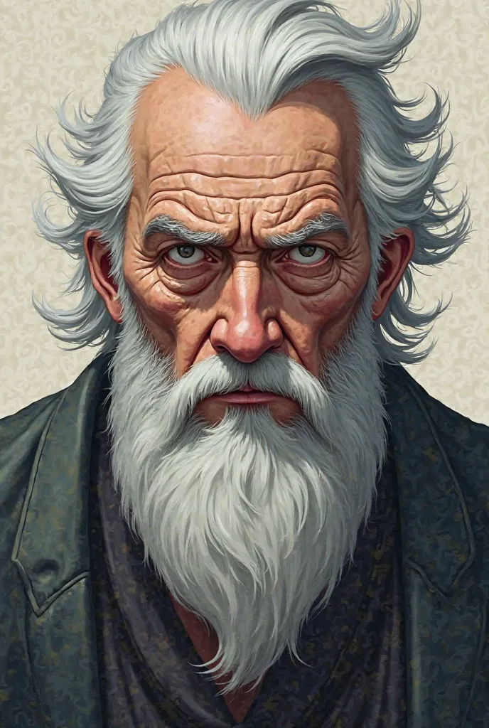 the face of an old man with a white beard and anime-style hair The gaze is directed at us