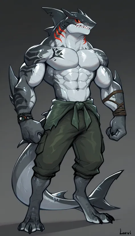 sharkman, anthro megalodon, darker hands and fins, black back, solo, big arms, bara, detailed skin, lizard shark hybrid, anthro, closed mouth, polynesian tattoos, tattoos covering arm and shoulder, detailed scalie skin, scalie arms, fins on arms, gray colo...