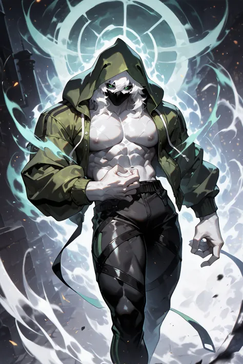 solo, silhouette, shadow of Ghostly Specter, muscular character, wearing a Green Jacket, wallpaper quality, on a loading screen, fighting stance, solo, aura, waist up, (Human Body, Ghostly Appearance, Long White Hair), sinister stare, neon lighting, glowin...