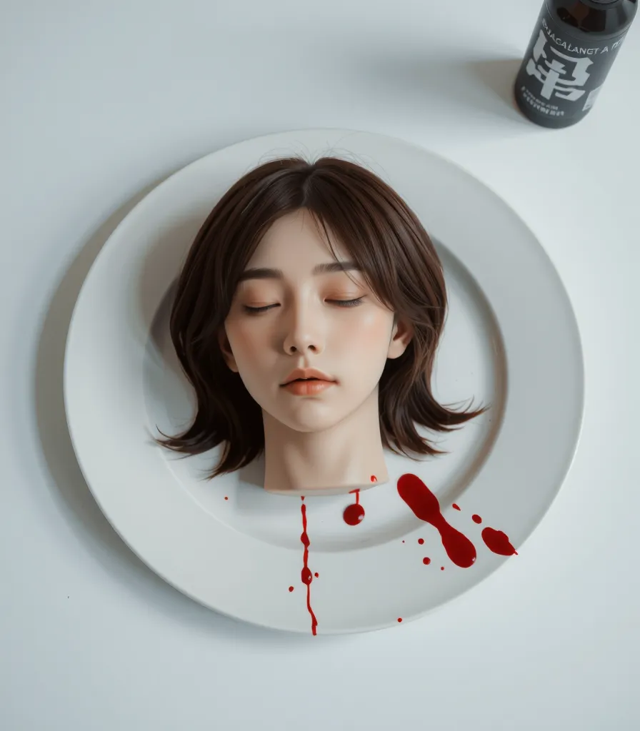   place the head of a decapitated woman , Asia,  Less blood stains   , (( with eyes closed)),   like a dish on a plate  , Bloody,  actual , 4K, Nikon, fear