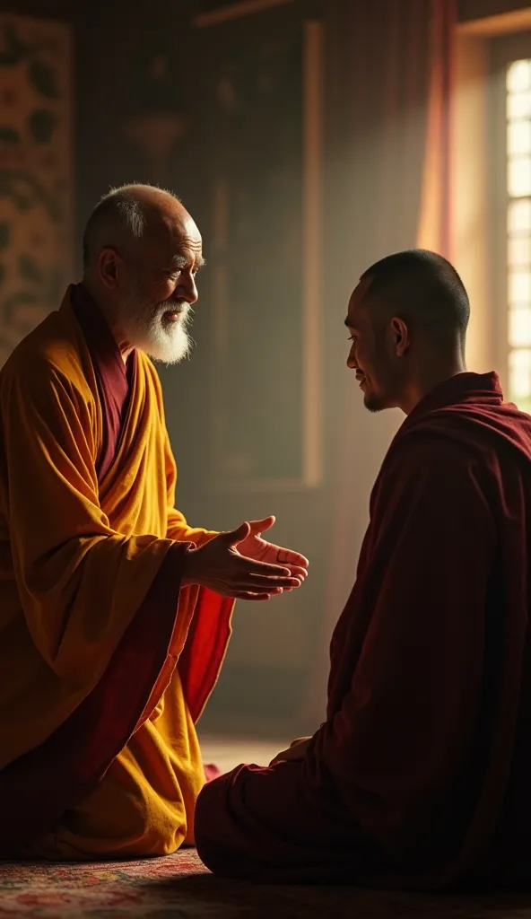 Realictic cinematic style  


The master, with a soft yet wise smile, gestures gently towards the monk in a peaceful and understanding manner. The environment feels meditative, filled with subtle energy. The room seems timeless, representing the simplicity...