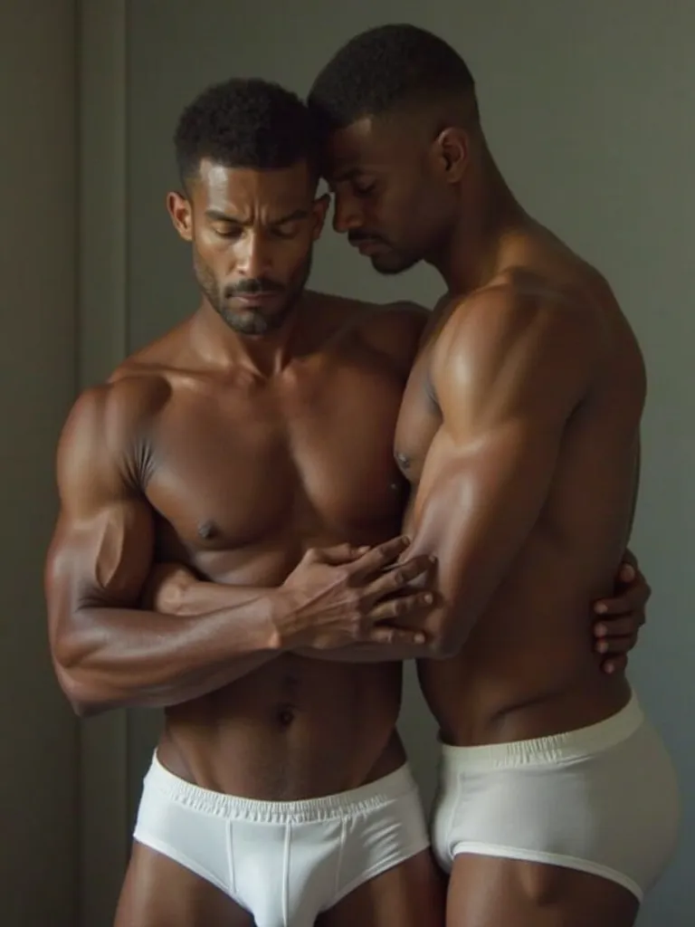 a mature black man hugging an Asian man from behind the ass, naked, NAKED,  bondage , bdsm, leather, submission, sexual activity, bulge, huge bulge, huge dick,  big penis ,  Pene Erecto, white underwear, gay sex, gay porn