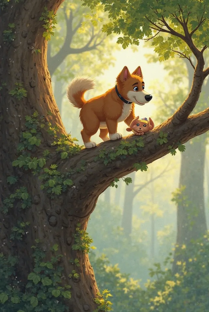 He carefully climbed onto a low branch (which was very tricky for a dog!) and nudged Lily gently. She was scared to move. Max wagged his tail and gave her a reassuring look. Slowly, Lily crawled down toward him. Max guided her paw by paw until she was low ...