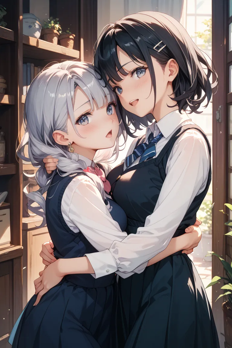  two girls、One has black hair、One person has silver hair 、 zitoida、 blushing face、 half-open mouth、 hugging、 turn your hands around your hips