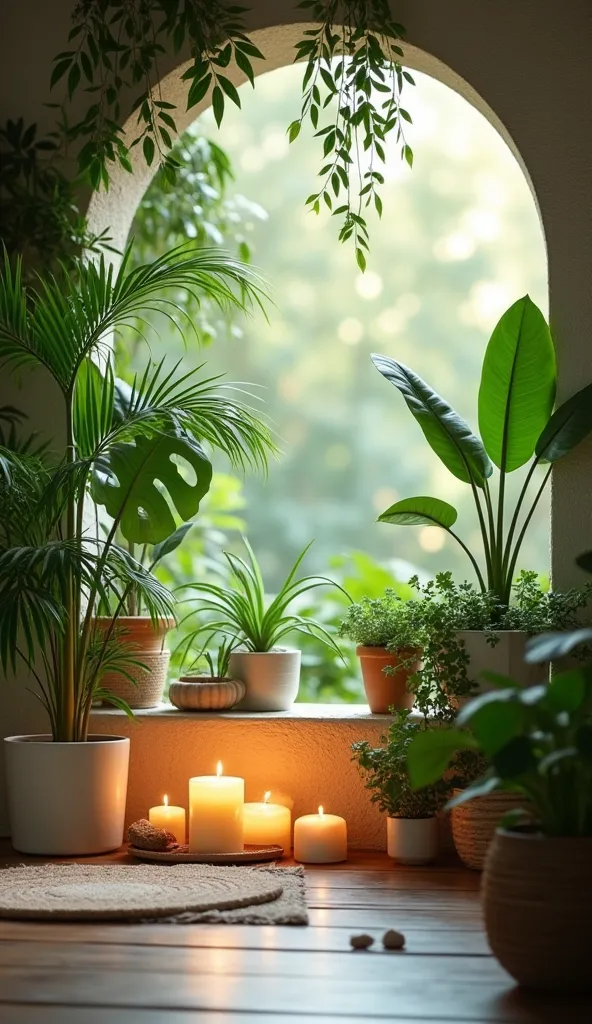 A calm, relaxing space with plants and calming decor
Prompt: A tranquil space with plants and soft lighting, symbolizing a peaceful environment for practicing self-care and mindfulness.
