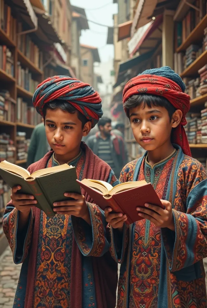 Many young Afghan sboys who buy books at bookstoresr study are wearing Afghan clothes and holding books called "د واده لومړی شپه," "ټوکی ټکالی ,"ملا نصرالدین 