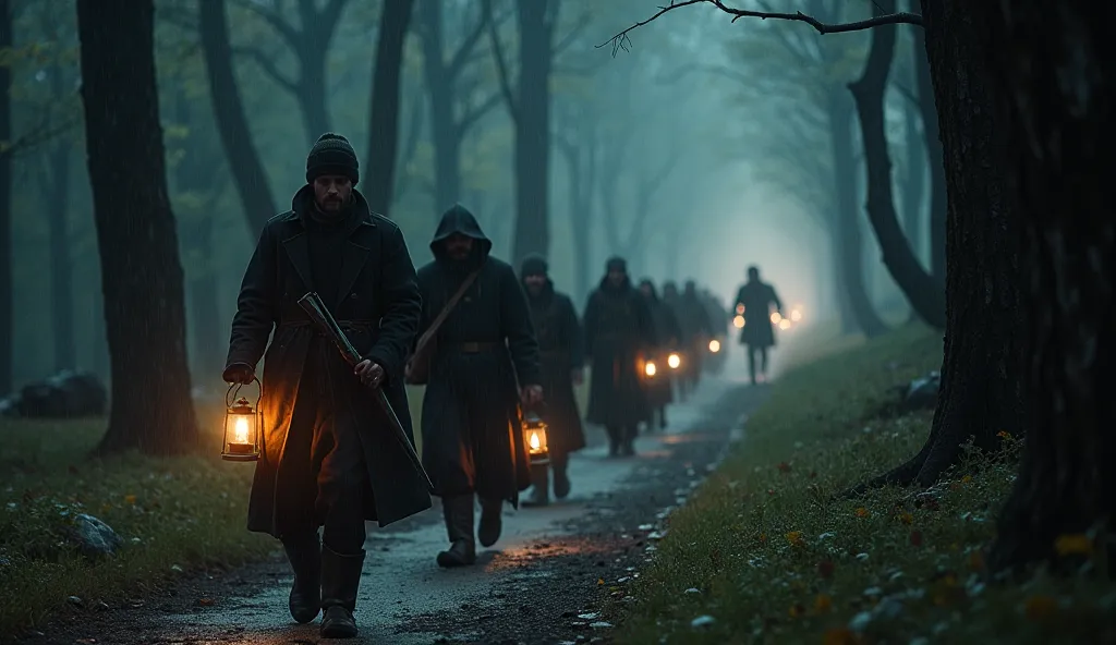 A group of men, clad in heavy coats, wielding lanterns, rifles, and axes, march through the rain-soaked forest. The beams from their lanterns flicker against the soaked tree trunks. In the far distance, a shadowy, elongated figure dashes between the trees,...