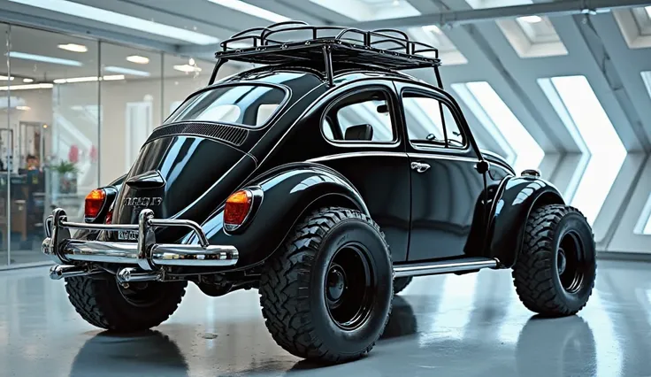 

"A heavily modified Volkswagen Beetle with an off-road design. The car has a glossy black finish, large rugged tires, chrome bumpers, and a sleek modernized rear. It is showcased in a futuristic glass-walled showroom with bright lighting reflecting off i...