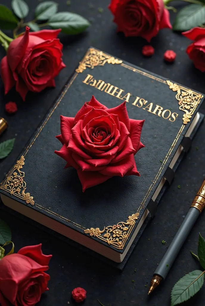 On top of a black diary TANJINA ISLAM EVA name is written in golden color bold letters, there is a red rose on the pass and some sign pens around it, black background, realistic