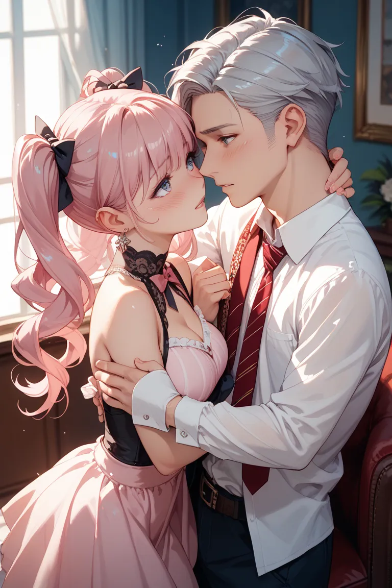 shy woman with pink hair twin tails、 silver-haired man、couple