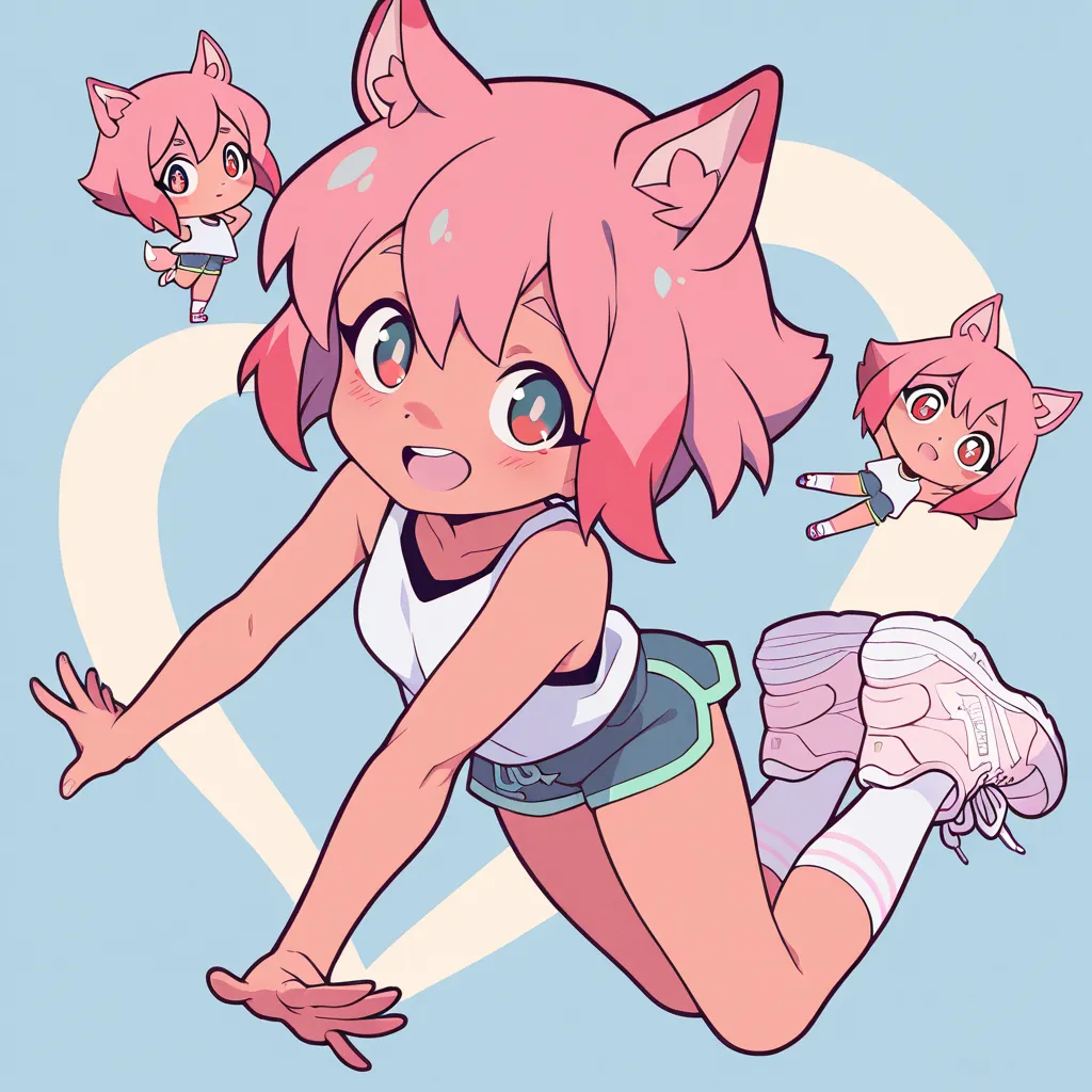 masterpiece, best quality, ultra detailed, chibi character, pastel color, pop art style, 1 girl, pink hair, pink animal ears, red eyes, socks, brand new sneakers, expression of joy, jumping into a clear sky

