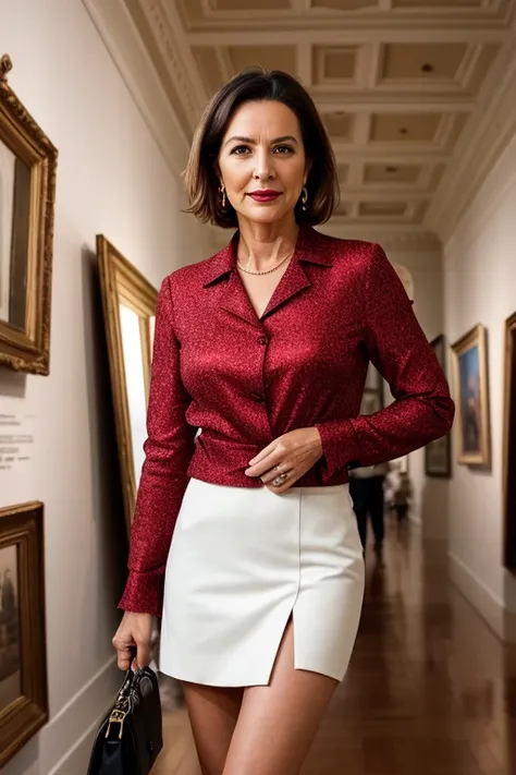 photorealistic photo of philcunk, A mature woman in a light blouse and a dark jacket ,  short skirts, fine lines and wrinkles, standing in a museum, looking at the camera, realistic, (masterpiece:1.1), (Best quality photo:1.1),         beautiful, (intricat...