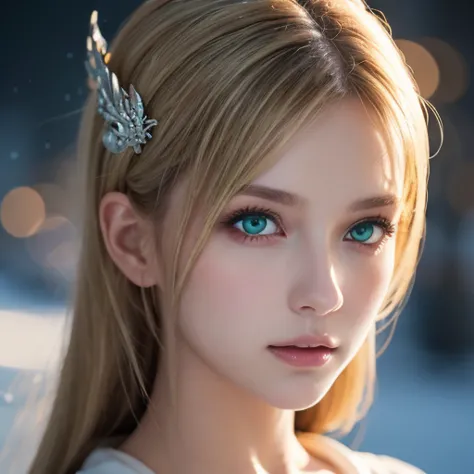  vintage fantasy , Masterpiece, Magnificent art,  top quality,  One Girl ,   close-up girl Nordic princess , Scandinavian Mountains, Winter Weather, Symmetrical and ultra-detailed face , Peach Silky Smooth Skin , Bright and aggressive green eyes,  White Di...