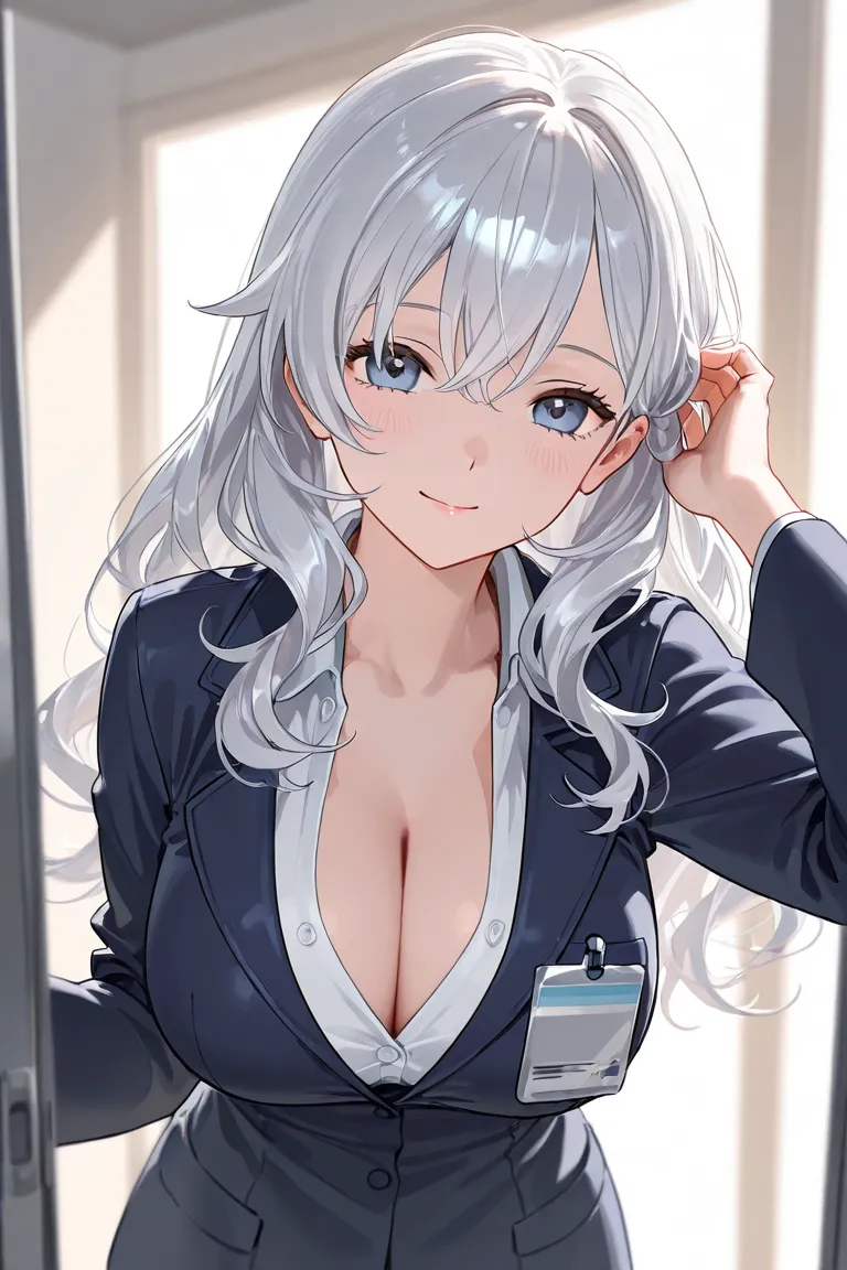 The cleavage of a female doctor with long wavy silver hair