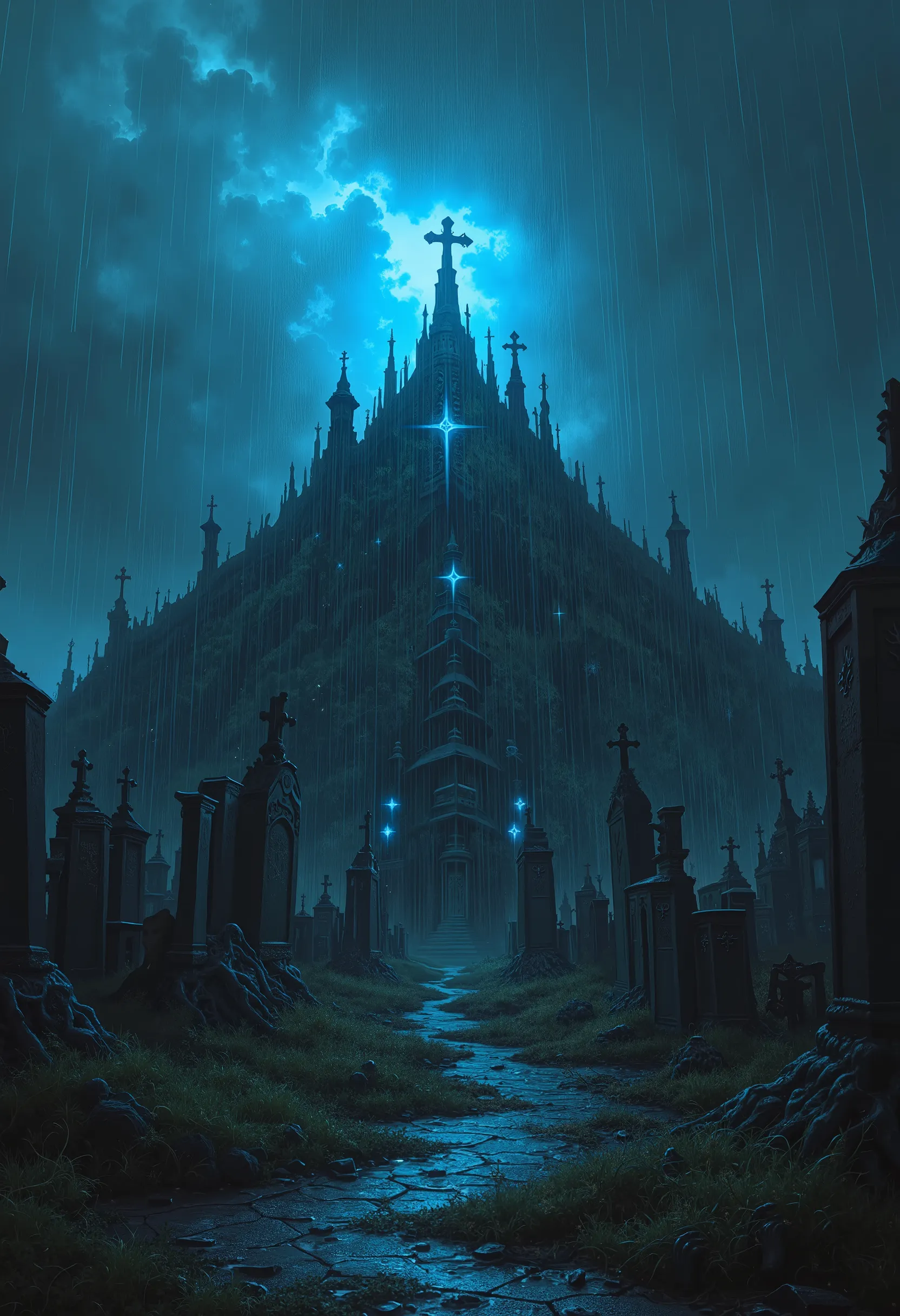 A dark hill with headstones at the top coming out, blue specters and knightly hands emerging from the graves Dark Fantasy, it's raining a lot. 