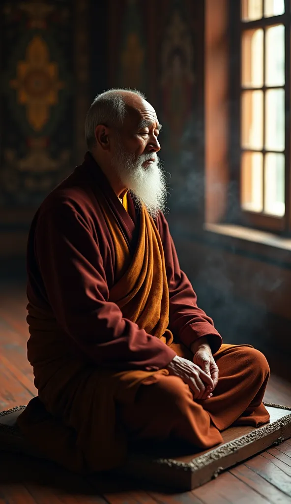  Realictic cinematic style  


The wise "An elderly-looking Tibetan zen master" sitting calmly on a wooden platform in the temple, eyes closed in deep thought. The master is serene, radiating a sense of peace and understanding. The room around them is simp...