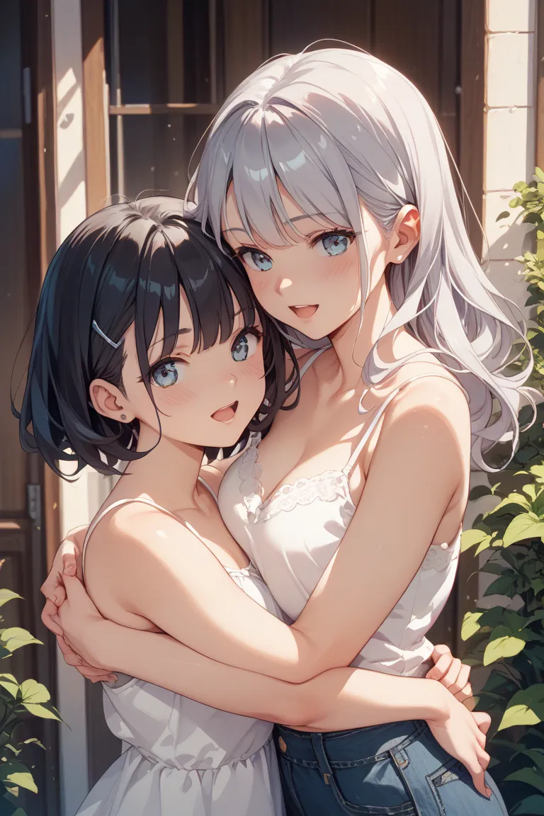  two girls、One has black hair、One person has silver hair 、 zitoida、 blushing face、 half-open mouth、 hugging、 turn your hands around your hips,white camisole