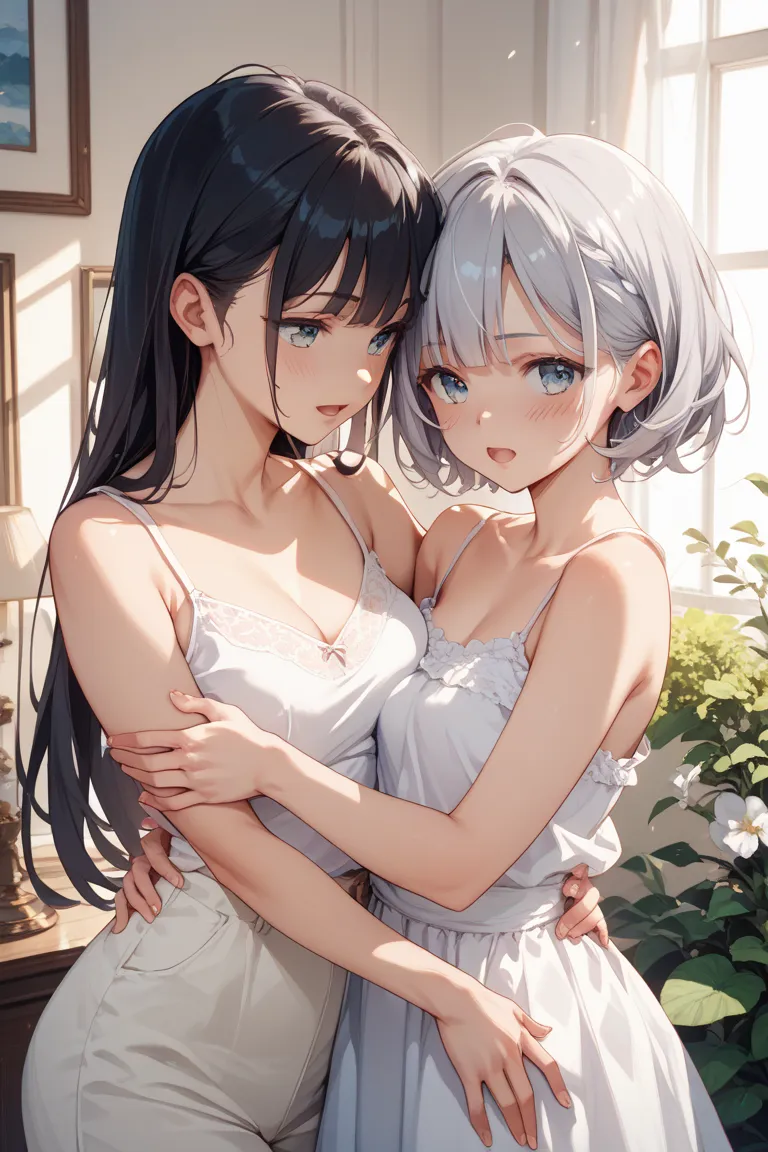  two girls、One has black hair、One person has silver hair 、 zitoida、 blushing face、 half-open mouth、 hugging、 turn your hands around your hips,white camisole