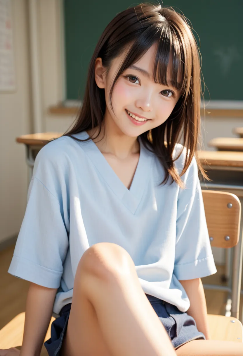 portrait, japanese girl, (cleft of venus:0.5), baby face, (casual pantie), blush, looking at viewer, open legs, smiling, showing crotch, classroom, anatomically correct, textured skin, super detail, sharp focus