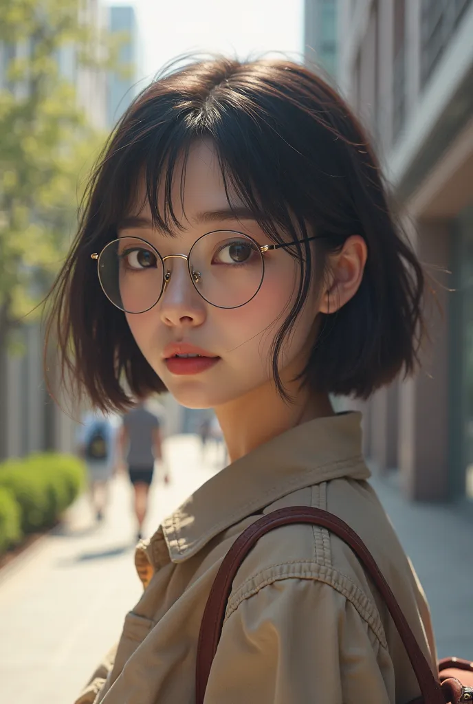 Asian girl looking back while she going to the class wearing round classes with short hair  realistic 
Sexay girl 