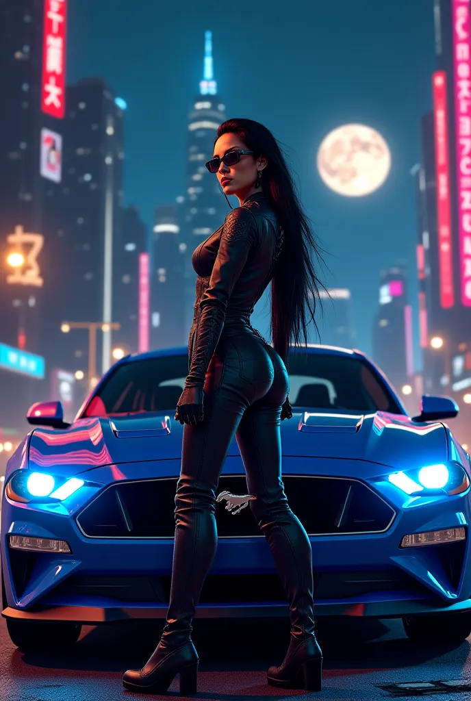 A fierce and wild-looking woman with long black hair and glasses, standing confidently beside a shiny blue Ford Mustang at night. She has an aggressive and fearless expression, wearing a stylish leather outfit. The scene is set in a futuristic city with to...