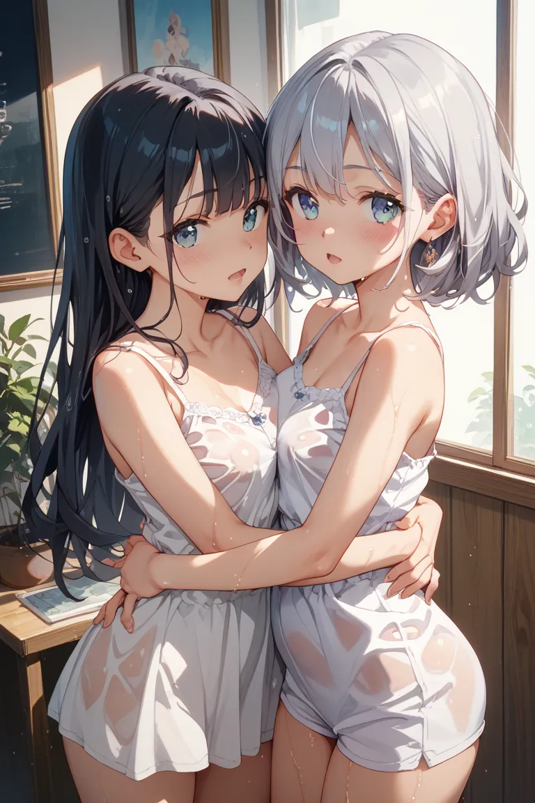  two girls、One has black hair、One person has silver hair 、 zitoida、 blushing face、 half-open mouth、 hugging、 turn your hands around your hips,white camisole、 wet clothes