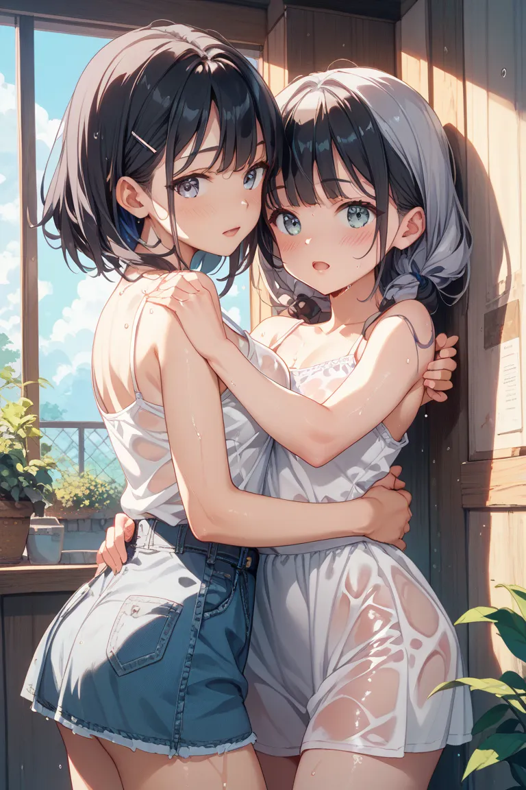  two girls、One has black hair、One person has silver hair 、 zitoida、 blushing face、 half-open mouth、 hugging、 turn your hands around your hips,white camisole、 wet clothes