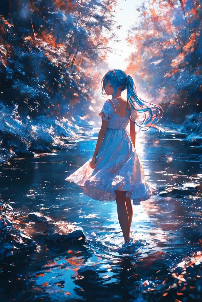 Hatsune Miku in the water wearing a white dress, photographic effect, theme super detailed, cold colors