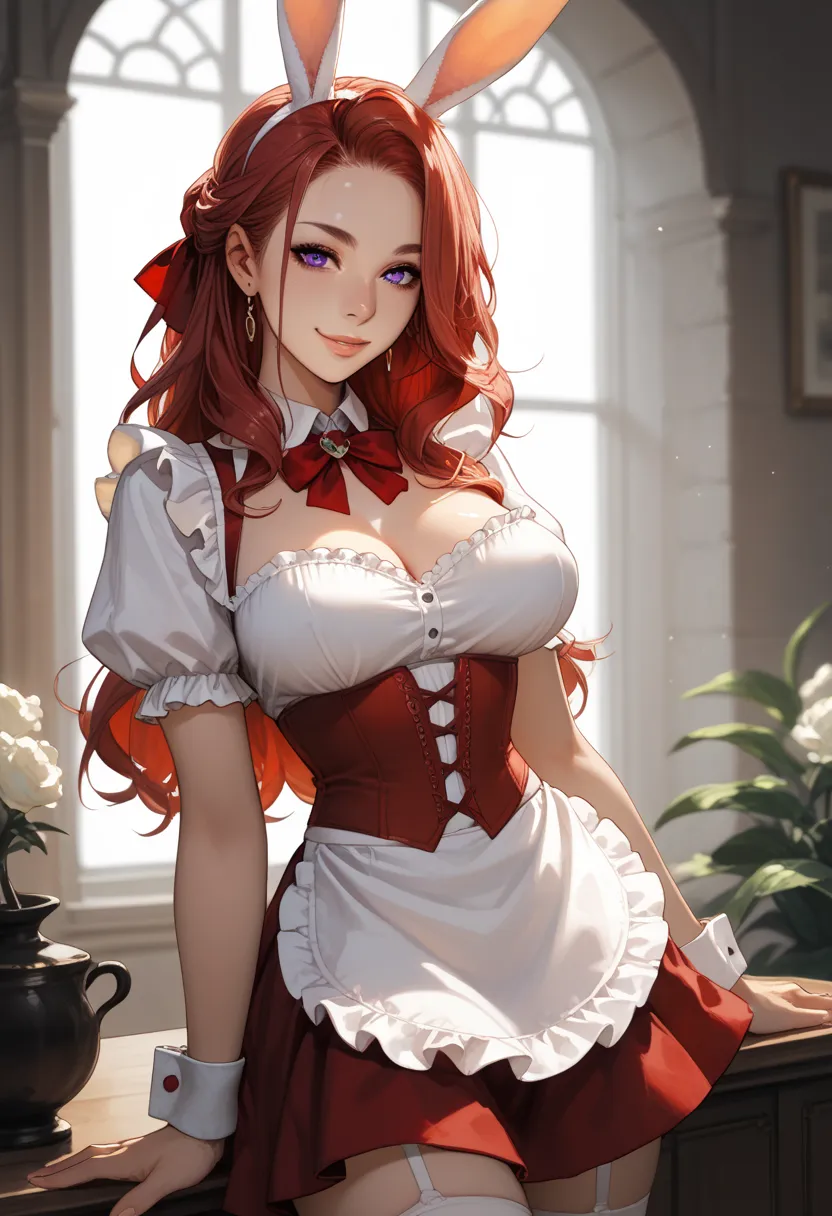 1girl, intelligent, smiling, red hair, purple eyes, long hair, white rabbit ears, Red Corset, white frilled apron, Red Ribbon, red skirt, hair bow, white Short sleeve, wrist white cuffs, white thigh, in the fantasy cafe, dynamic and sexy pose, cowboy shot,...