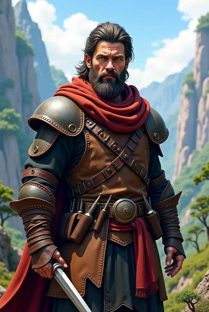 (photorealism:1.2), a former Thief turned good, fantasy world, rugged beard and hair, cheerful demeanor, with leather armor, scarf, cloak and daggers.