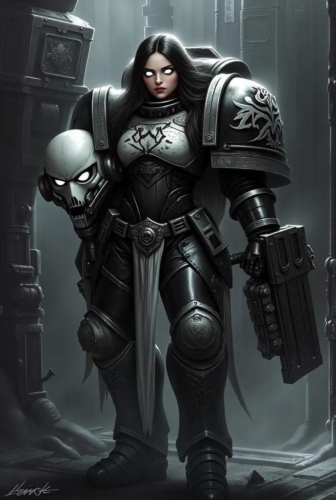 Young lady of "Sons of Malice", glowing white eyes, black and white spacemarine armour