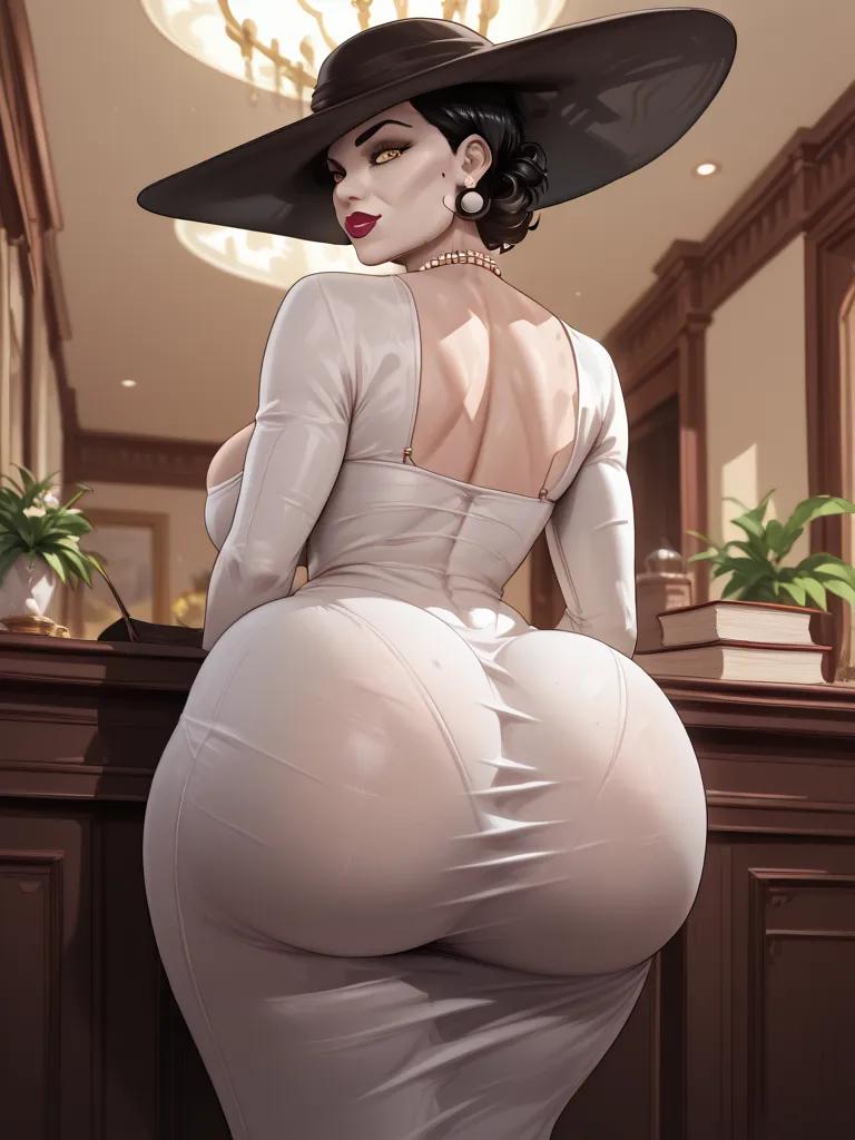 alcina, ass focus, turnaround, Anatomically correct, young girl, yellow eyes,black hair,short hair,white dress, high cheekbones, glossy lips, thick lips, curvaceous, wide hips, big breast, huge ass, milf, hoop earrings, tane skin, show ass, look at viewer,...