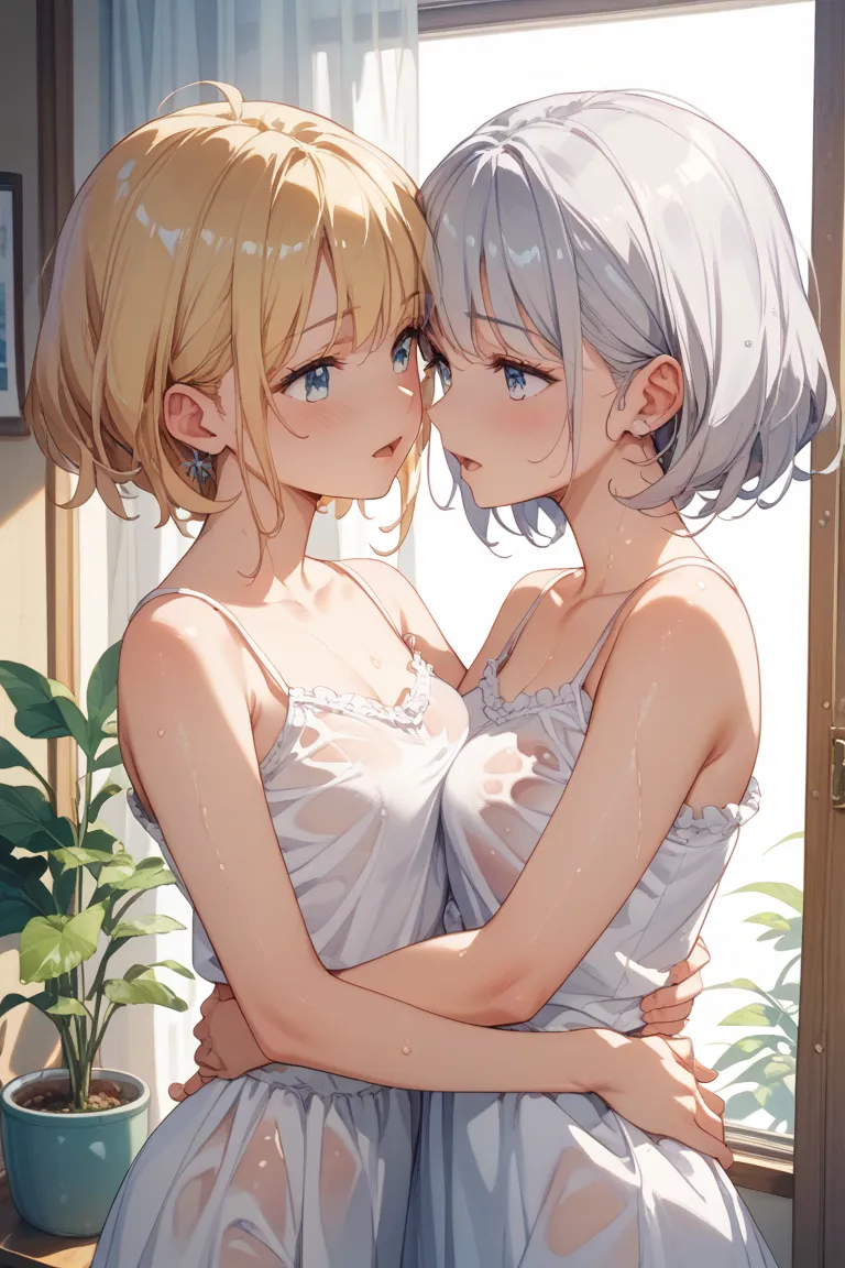  two girls、One is blonde、One person has silver hair 、 zitoida、 blushing face、 half-open mouth、 hugging、 turn your hands around your hips,white camisole、 wet clothes、interior、Sisters、comfort