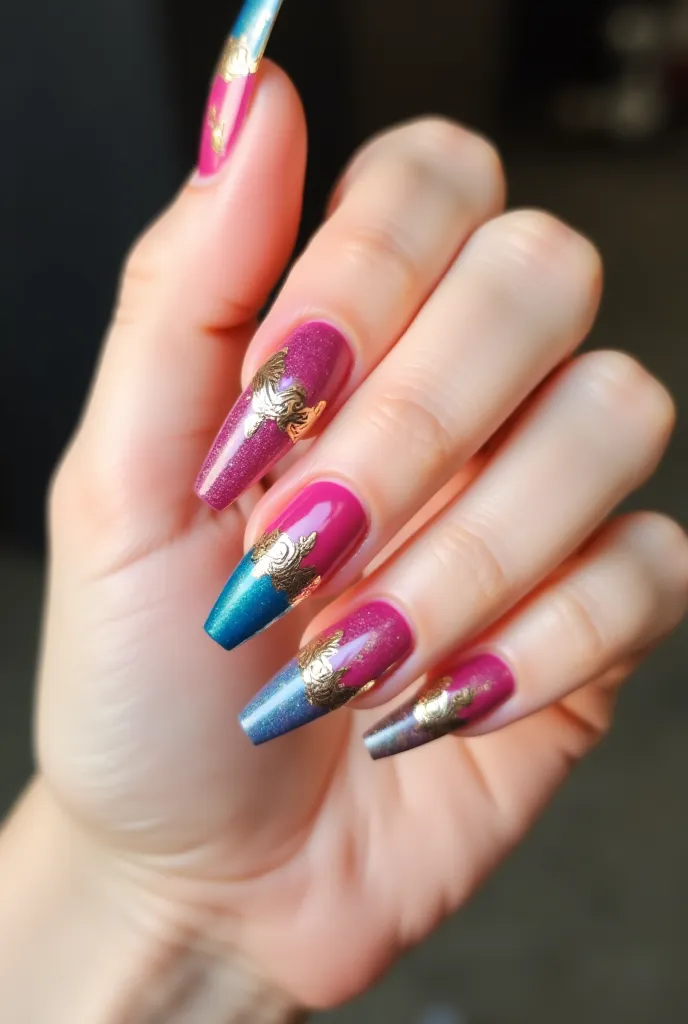 "A beautifully manicured female hand with elegant, colorful nail art. The nails are long, well-shaped, and decorated with intricate, vibrant designs in shades of pink, blue, and gold. The hand is positioned gracefully with fingers slightly curled, showing ...