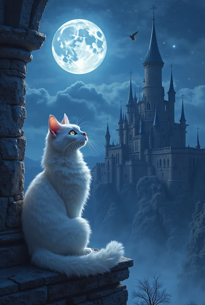 "A photorealistic cover illustration for the novel 'Cinderella: Another Stories'. A beautiful white cat with luminous blue eyes sits elegantly in the foreground, looking up at the night sky with a wistful, intelligent expression. The cat is positioned in f...