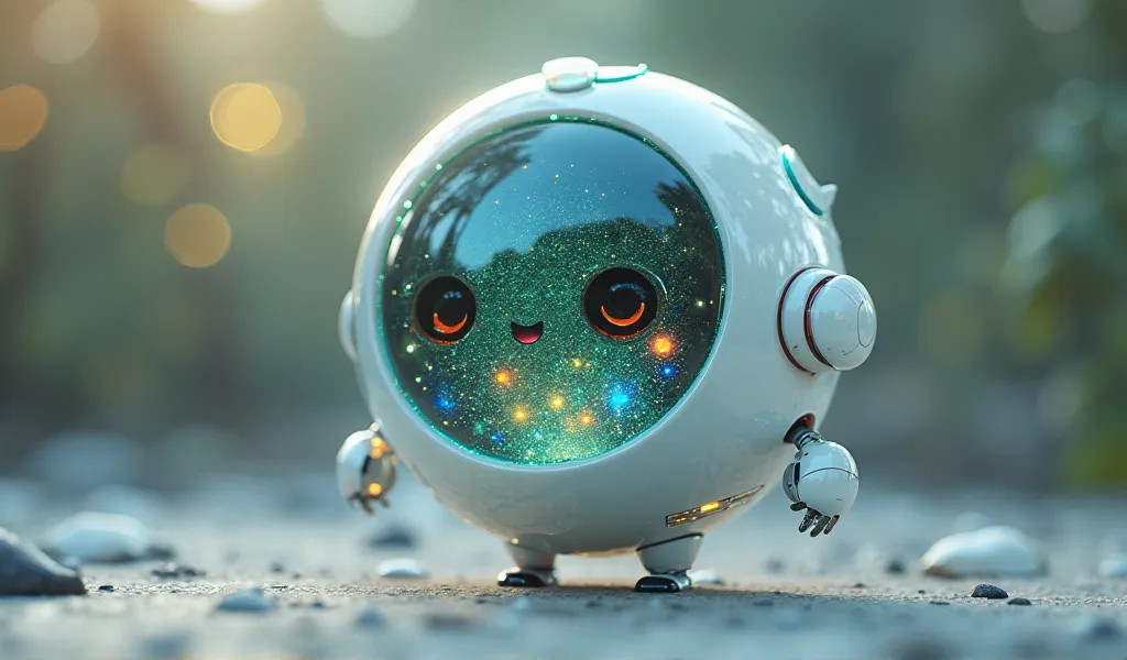 cute 3D character about ai, shape like circle , sparkle inside , glosy ilke glass , have technology, have a little arm , not robot , over all a like a bird
