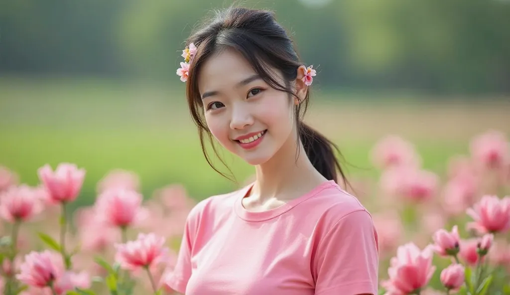 A photo of a young cute , Slim pose China woman with Black hair, wearing pink t-shirt her standing on flowers pink farm and portrait background green natural, her smile a bit and focus on the camera, her hair decorations a bit flowers