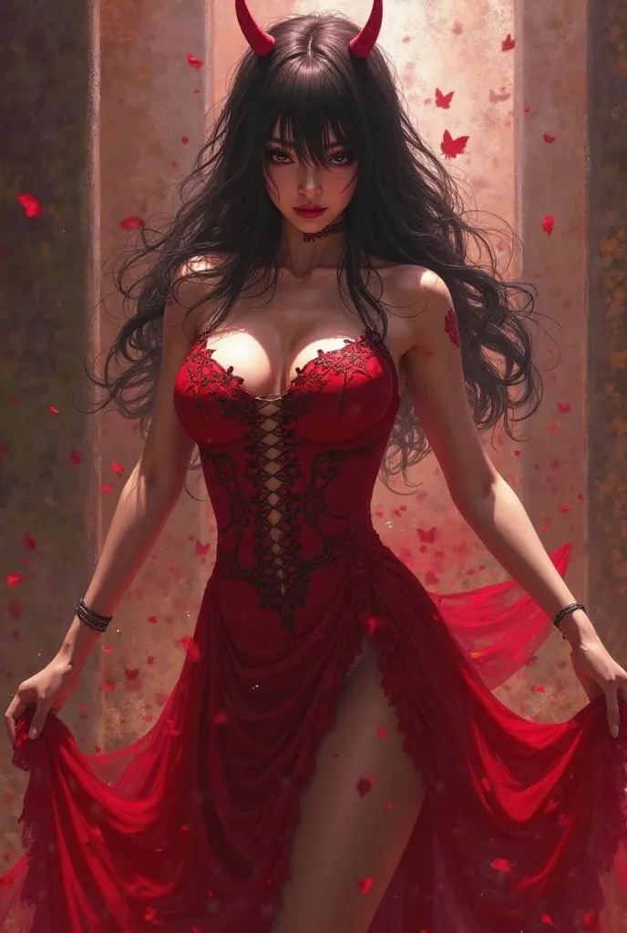 A hot women wearing a red color dress his face his cover with red color she look like yami guatami