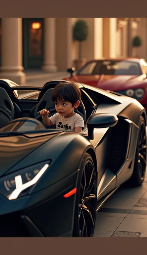 Begraund in super cars Lamborghini, bugati , car's colour is black, inside card bonat siting a boy , boy t-shirt in text ' SANJU '  and a cute girl huge the boy 