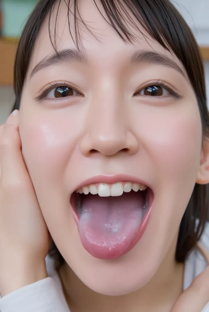 Perfect Yoshioka Riho(  mouth, After a blowjob、  ejaculates in your mouth  ),32k 8k super high image quality masterpiece, well-groomed face, realistic eyes, high brightness, real eyes, eyes wide open, like in a photo, focus on the face, smile, show a wet t...